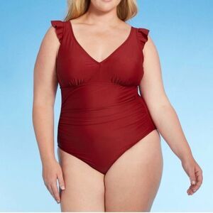 NWT Kona Sol One Piece Swimsuit Size 22W Brick Red Ruffle Strap Ruched Plus Size
